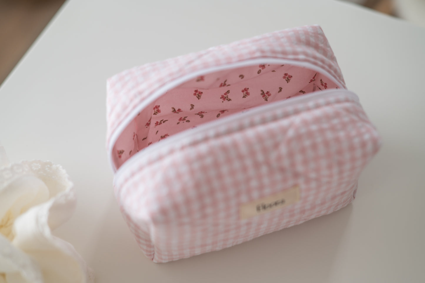 Pink gingham makeup bag