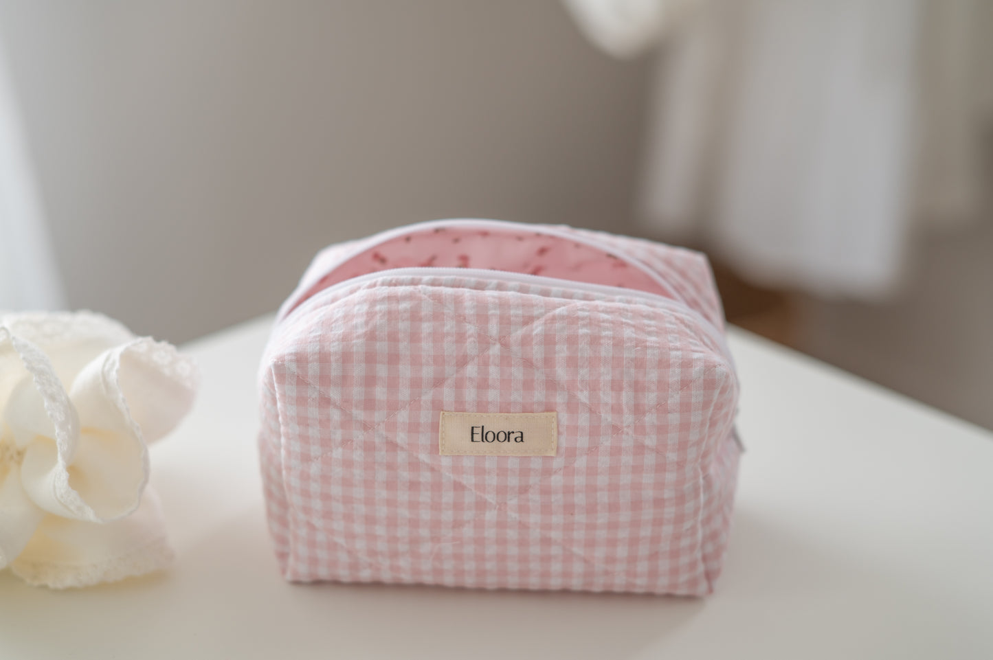 Pink gingham makeup bag