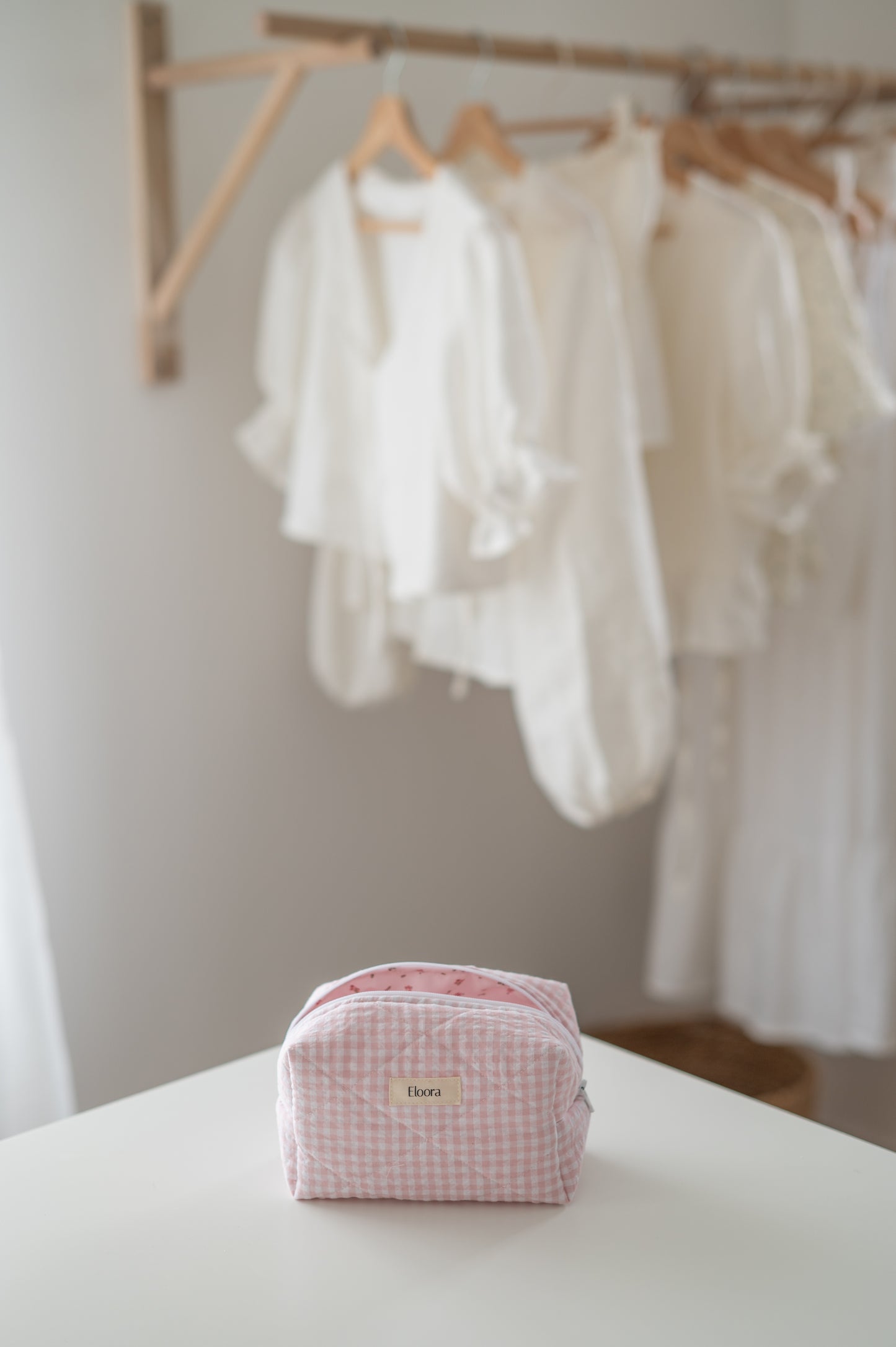 Pink gingham makeup bag